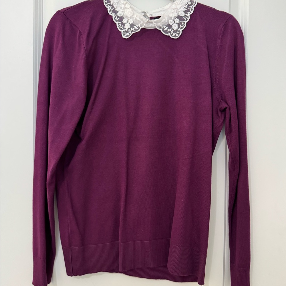 Cable & Gauge Purple Fitted Long Sleeve Blouse with Peter Pan Collar